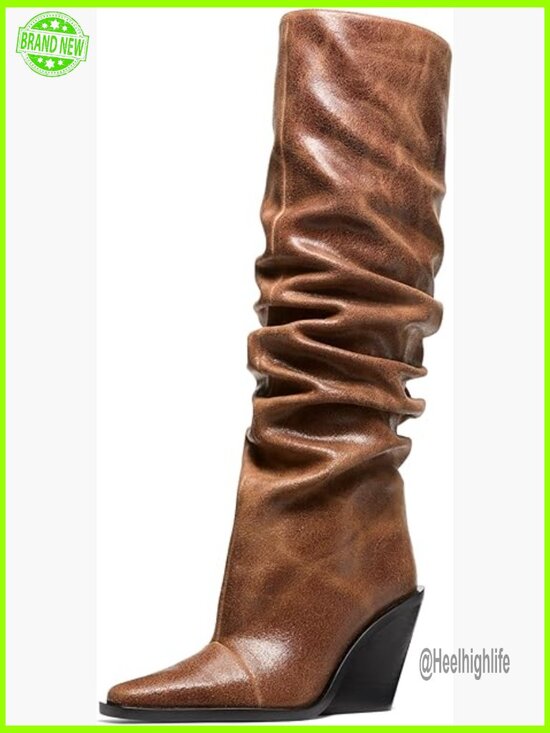 Shoes - Slouchy Distressed Leather Heeled Boots Pointed Toe Wedge Zip Closure